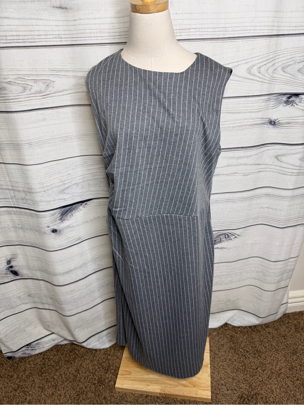 Sleeveless Gray Pinstripe Sheath Dress
